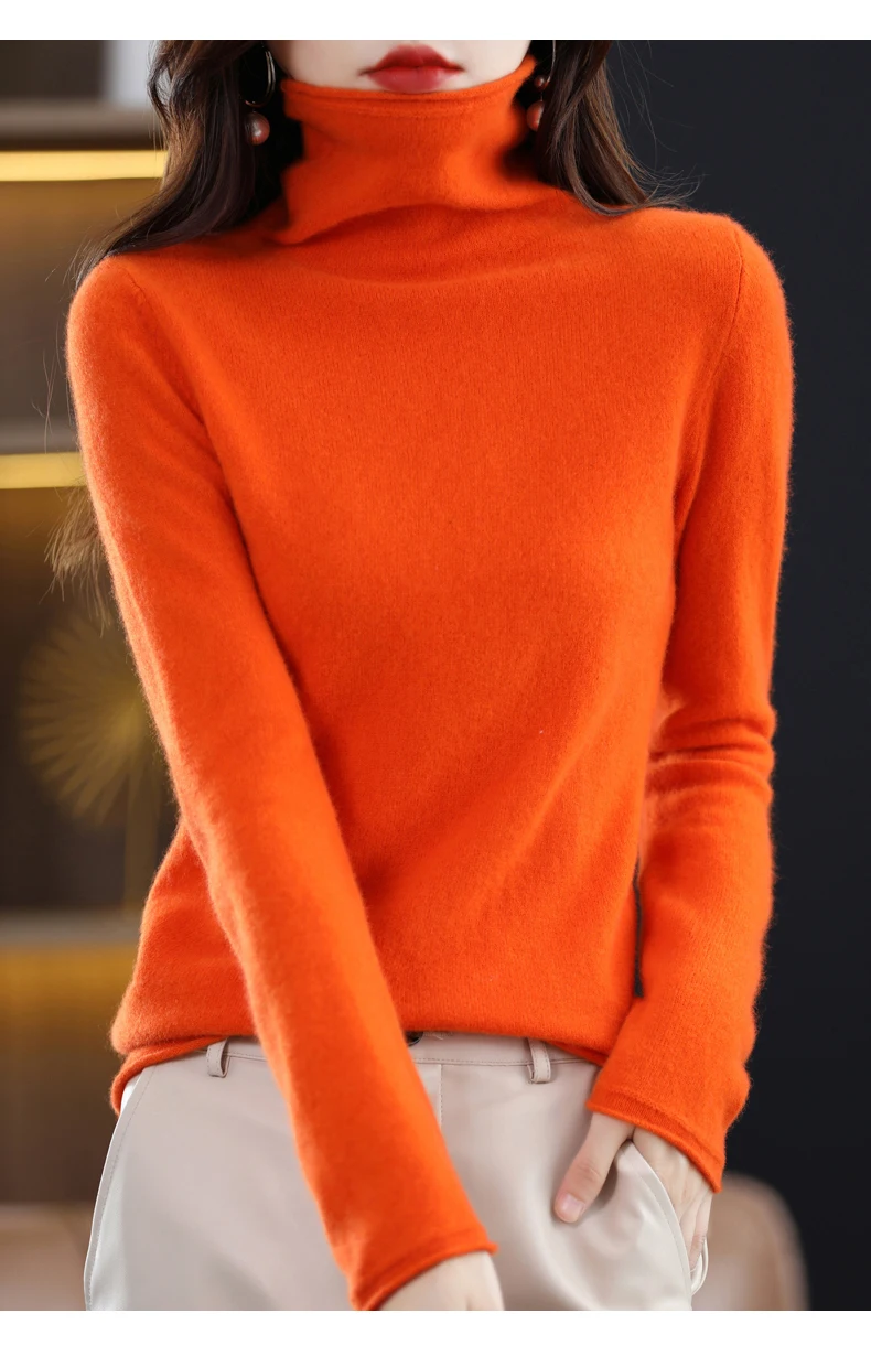 Women 100% Merino Wool Sweater Autumn Winter Fashion Pile Collar Pullover Cashmere Knitwear Casual Long-sleeved Bottoming Tops