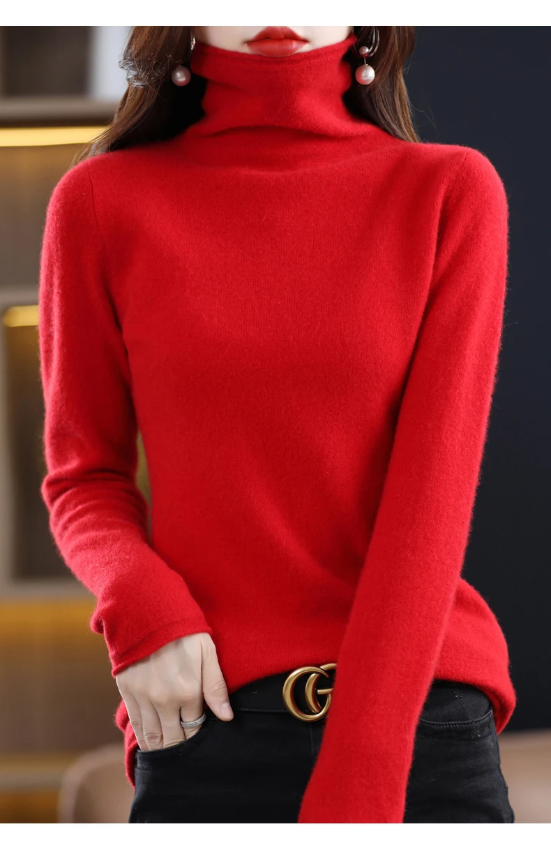 Women 100% Merino Wool Sweater Autumn Winter Fashion Pile Collar Pullover Cashmere Knitwear Casual Long-sleeved Bottoming Tops