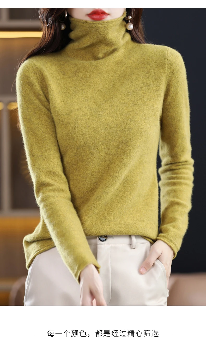 Women 100% Merino Wool Sweater Autumn Winter Fashion Pile Collar Pullover Cashmere Knitwear Casual Long-sleeved Bottoming Tops