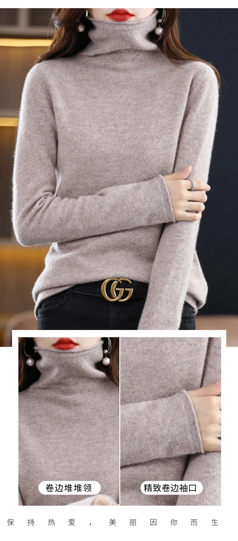 Women 100% Merino Wool Sweater Autumn Winter Fashion Pile Collar Pullover Cashmere Knitwear Casual Long-sleeved Bottoming Tops