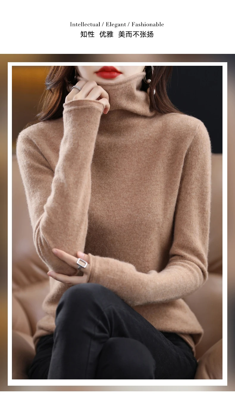 Women 100% Merino Wool Sweater Autumn Winter Fashion Pile Collar Pullover Cashmere Knitwear Casual Long-sleeved Bottoming Tops