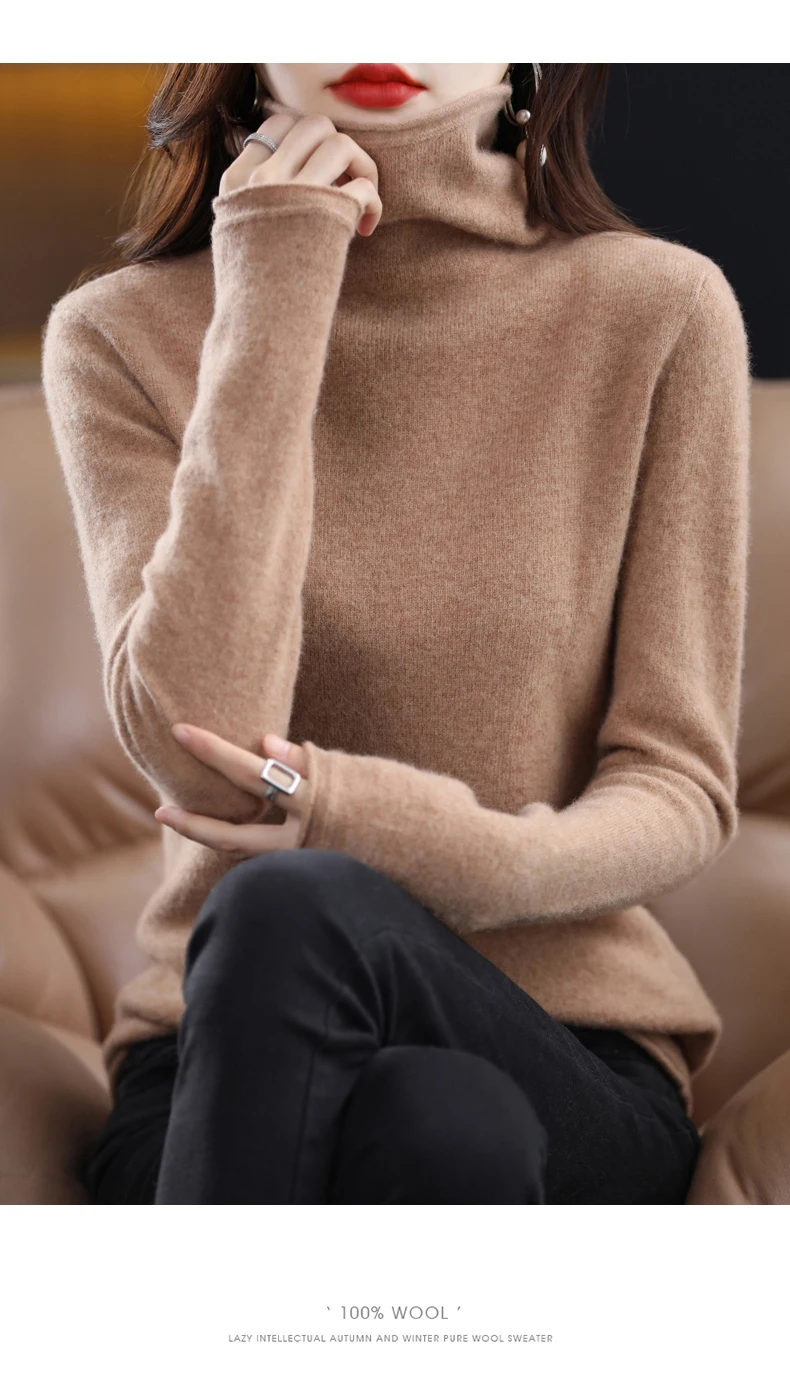 Women 100% Merino Wool Sweater Autumn Winter Fashion Pile Collar Pullover Cashmere Knitwear Casual Long-sleeved Bottoming Tops