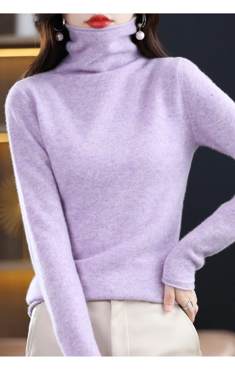 Women 100% Merino Wool Sweater Autumn Winter Fashion Pile Collar Pullover Cashmere Knitwear Casual Long-sleeved Bottoming Tops