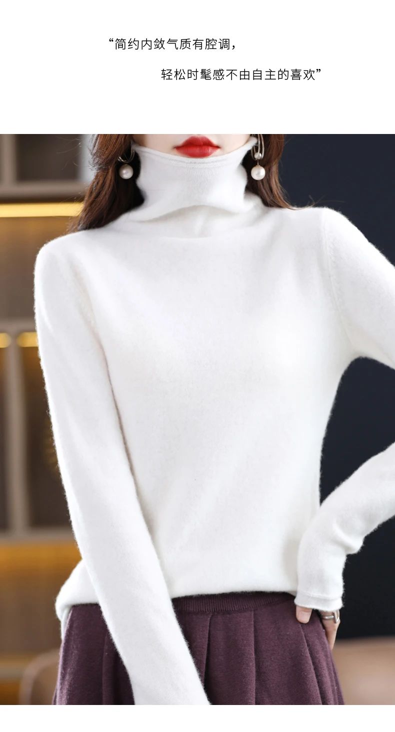 Women 100% Merino Wool Sweater Autumn Winter Fashion Pile Collar Pullover Cashmere Knitwear Casual Long-sleeved Bottoming Tops