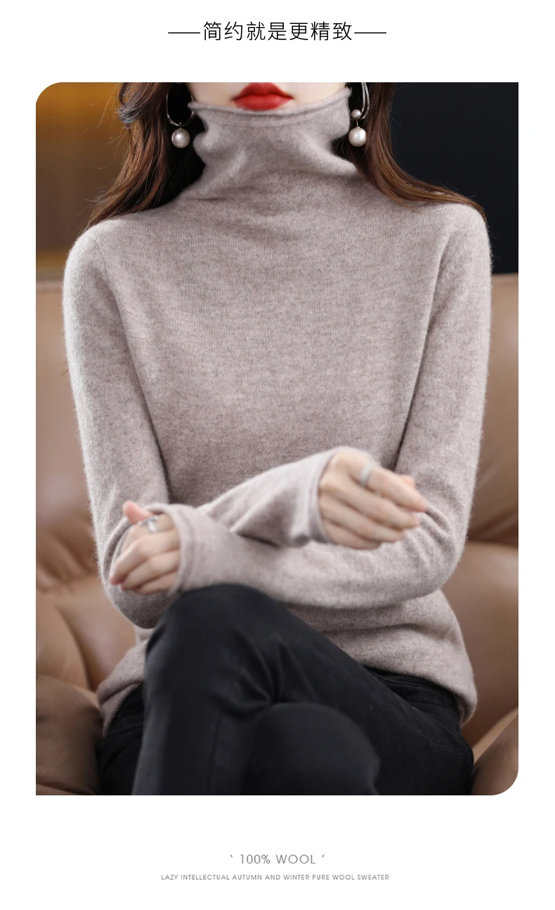 Women 100% Merino Wool Sweater Autumn Winter Fashion Pile Collar Pullover Cashmere Knitwear Casual Long-sleeved Bottoming Tops