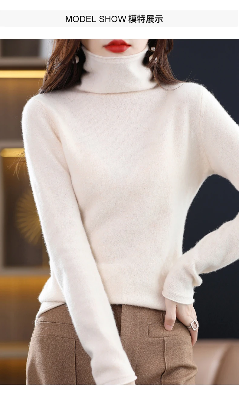 Women 100% Merino Wool Sweater Autumn Winter Fashion Pile Collar Pullover Cashmere Knitwear Casual Long-sleeved Bottoming Tops