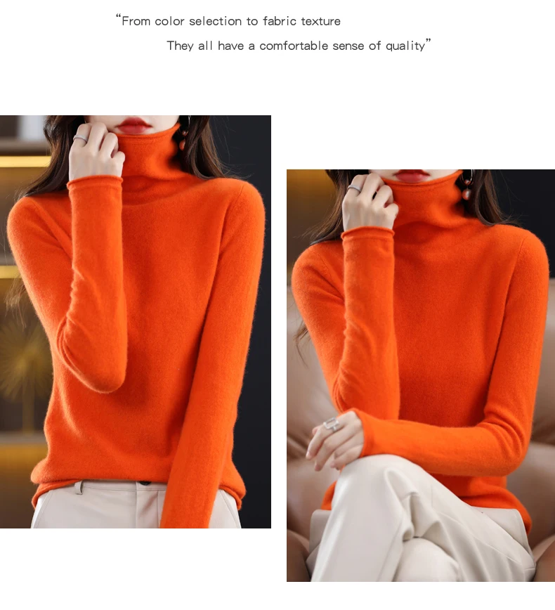 Women 100% Merino Wool Sweater Autumn Winter Fashion Pile Collar Pullover Cashmere Knitwear Casual Long-sleeved Bottoming Tops