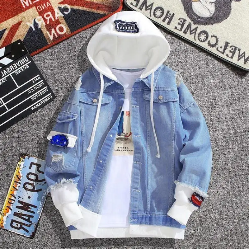 Vintage Denim Jacket Woman Spring Autumn Coat Ripped Hooded Outerwear 2025 Windbreaker Basic Coats Boyfriend Female Jeans Jacket