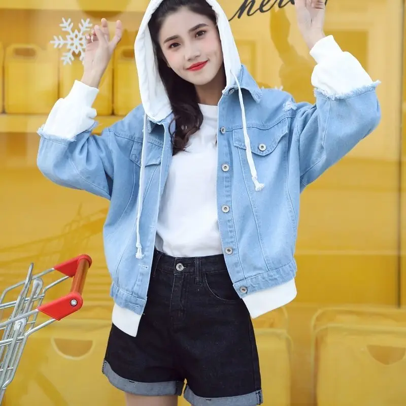 Vintage Denim Jacket Woman Spring Autumn Coat Ripped Hooded Outerwear 2025 Windbreaker Basic Coats Boyfriend Female Jeans Jacket