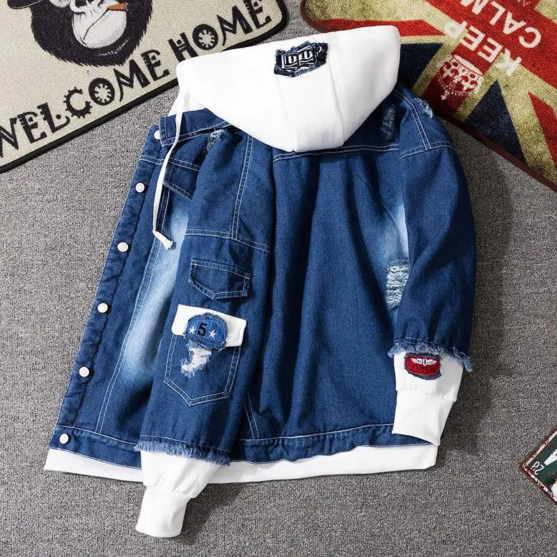Vintage Denim Jacket Woman Spring Autumn Coat Ripped Hooded Outerwear 2025 Windbreaker Basic Coats Boyfriend Female Jeans Jacket
