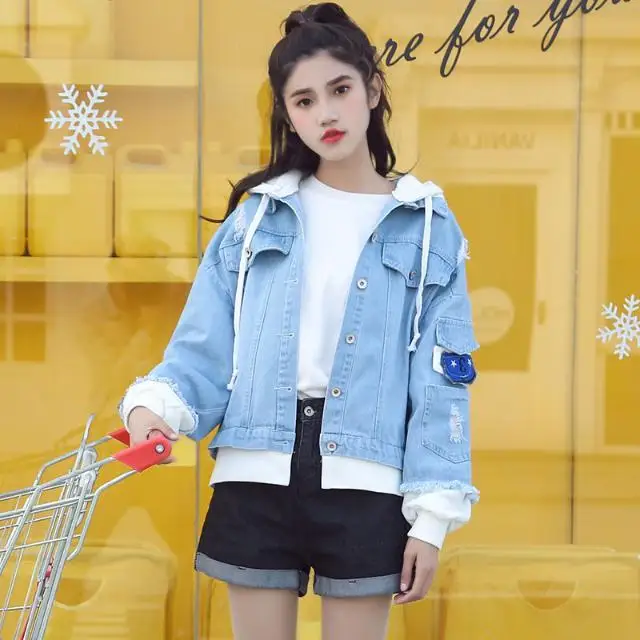 Vintage Denim Jacket Woman Spring Autumn Coat Ripped Hooded Outerwear 2025 Windbreaker Basic Coats Boyfriend Female Jeans Jacket