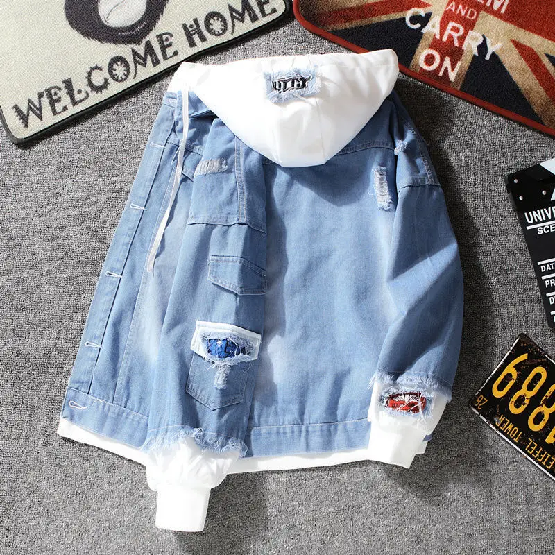 Vintage Denim Jacket Woman Spring Autumn Coat Ripped Hooded Outerwear 2025 Windbreaker Basic Coats Boyfriend Female Jeans Jacket
