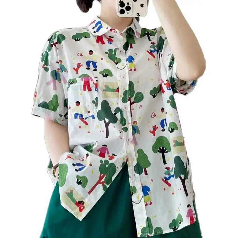 New Summer Cotton Short Sleeve Shirts Lapel Cartoon Tops Cute Girl Casual Sweet Loose Age Reduction Blouse 2024 Autumn T465105QC