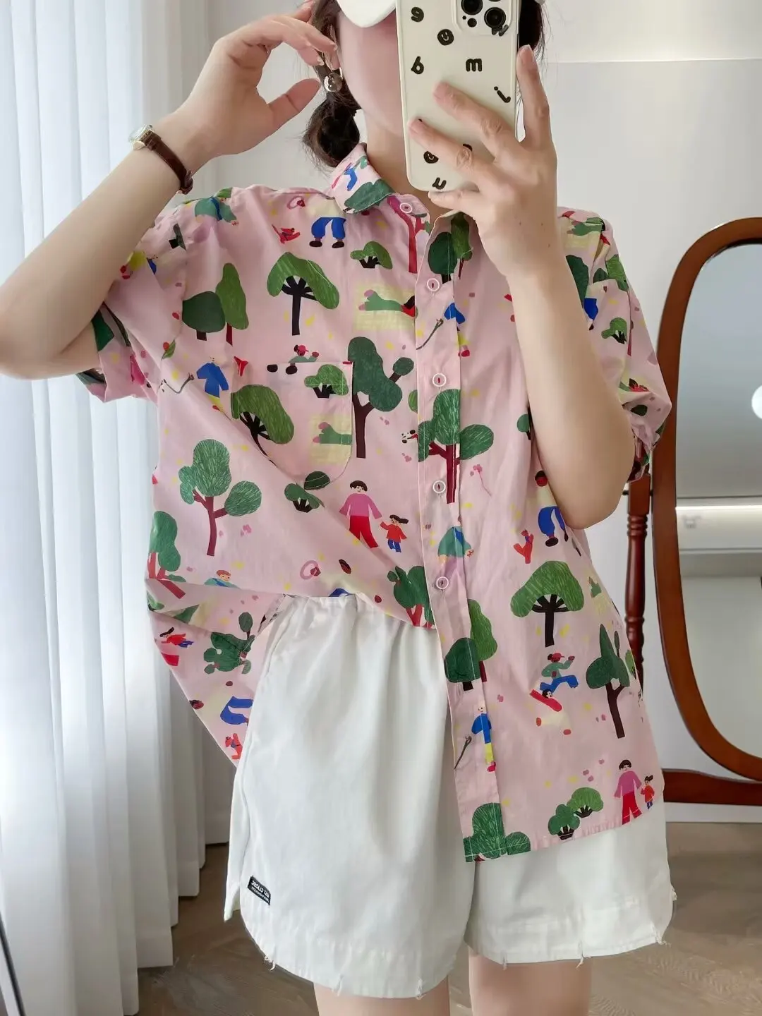 New Summer Cotton Short Sleeve Shirts Lapel Cartoon Tops Cute Girl Casual Sweet Loose Age Reduction Blouse 2024 Autumn T465105QC