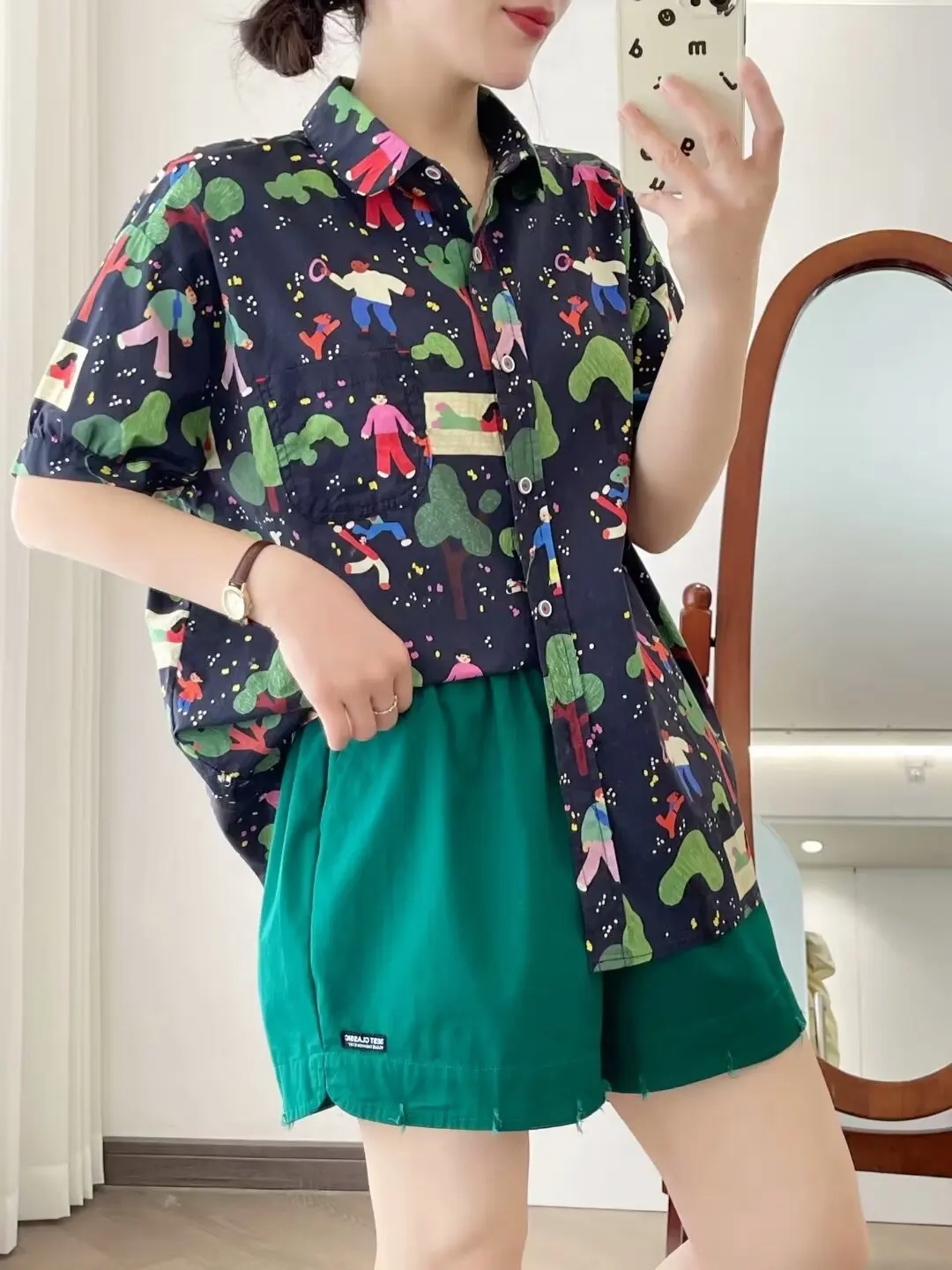New Summer Cotton Short Sleeve Shirts Lapel Cartoon Tops Cute Girl Casual Sweet Loose Age Reduction Blouse 2024 Autumn T465105QC