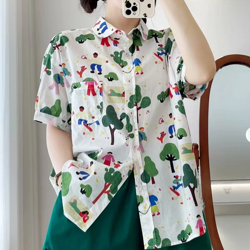 New Summer Cotton Short Sleeve Shirts Lapel Cartoon Tops Cute Girl Casual Sweet Loose Age Reduction Blouse 2024 Autumn T465105QC