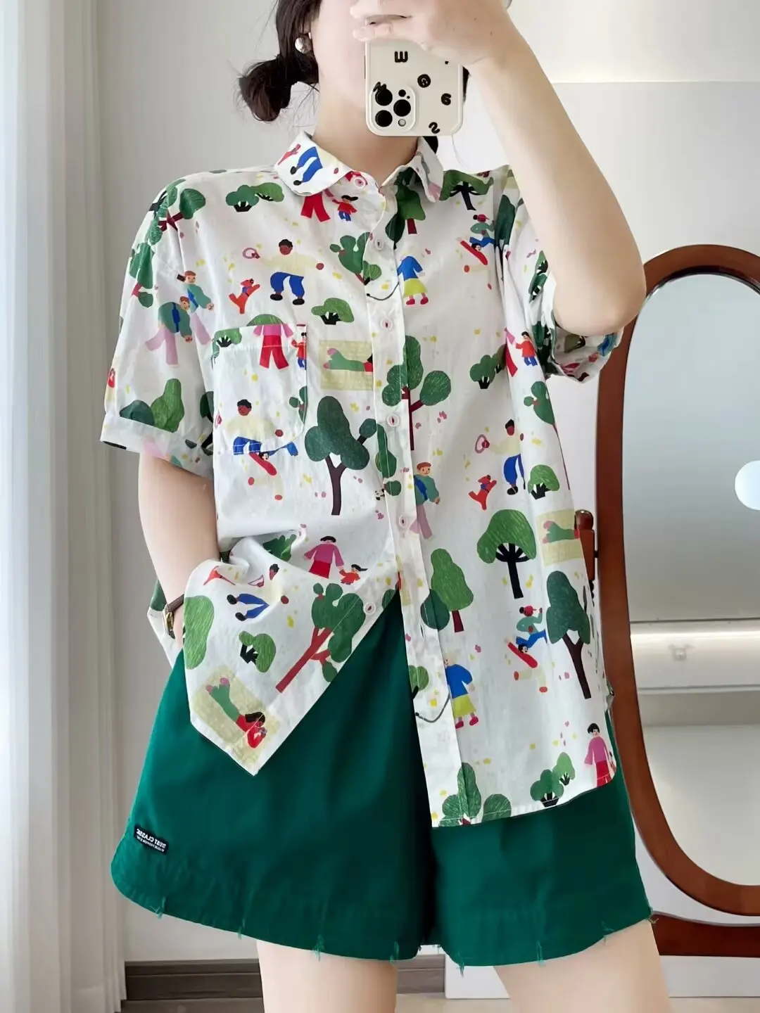 New Summer Cotton Short Sleeve Shirts Lapel Cartoon Tops Cute Girl Casual Sweet Loose Age Reduction Blouse 2024 Autumn T465105QC