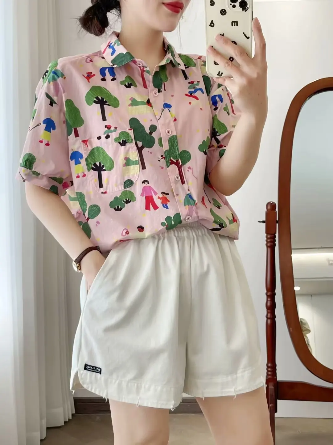 New Summer Cotton Short Sleeve Shirts Lapel Cartoon Tops Cute Girl Casual Sweet Loose Age Reduction Blouse 2024 Autumn T465105QC