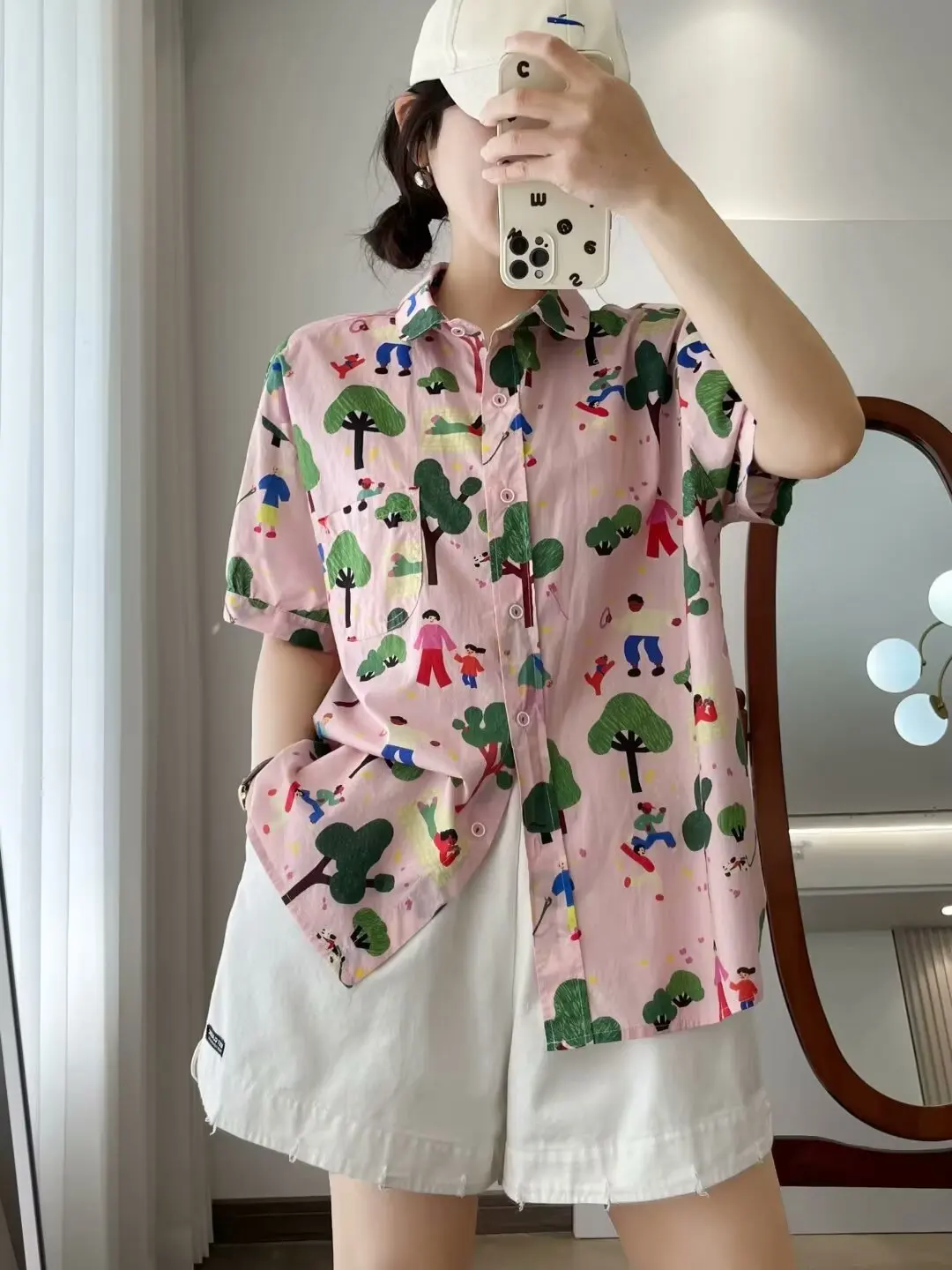 New Summer Cotton Short Sleeve Shirts Lapel Cartoon Tops Cute Girl Casual Sweet Loose Age Reduction Blouse 2024 Autumn T465105QC