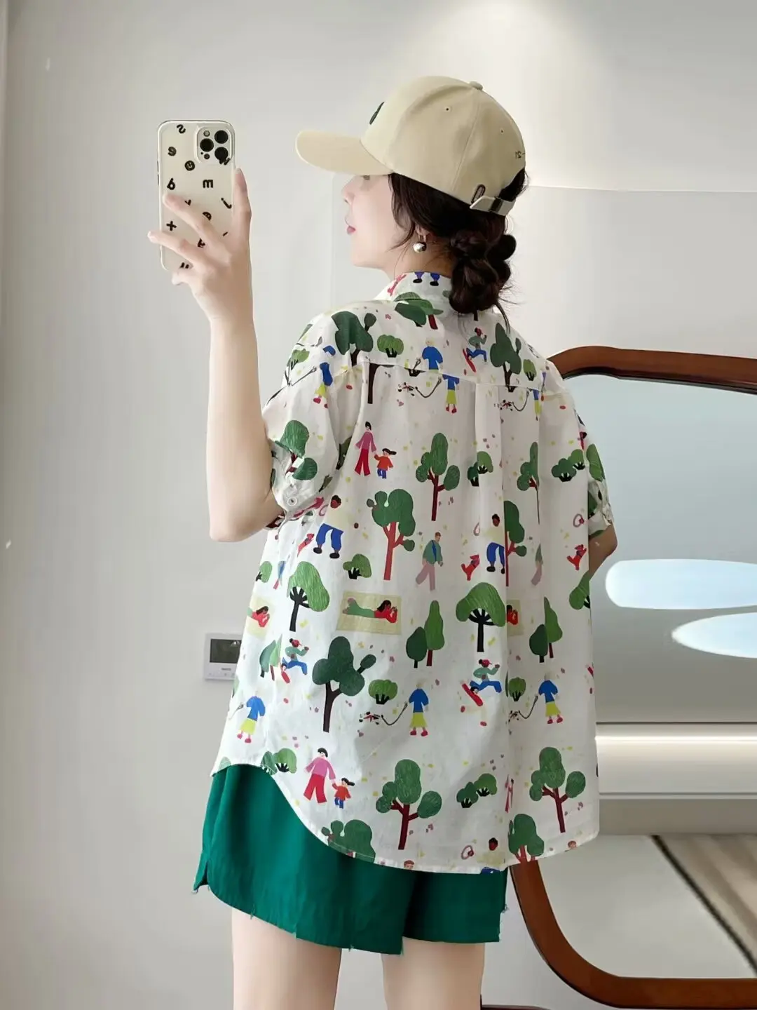 New Summer Cotton Short Sleeve Shirts Lapel Cartoon Tops Cute Girl Casual Sweet Loose Age Reduction Blouse 2024 Autumn T465105QC