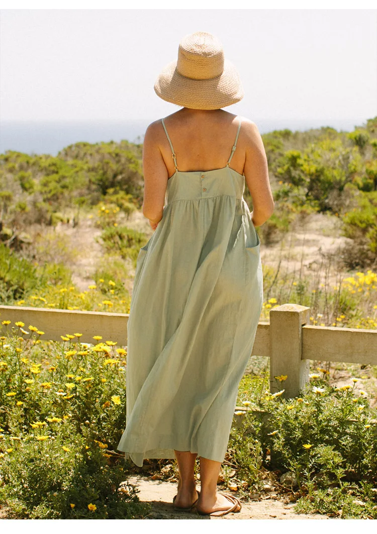 Original 100% Cotton Summer Casual Maxi Dress Loose Waist Sleeveless Square Neck A-Line Boho Dresses with Pockets Female Robe