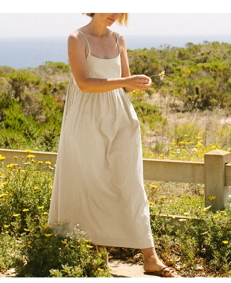 Original 100% Cotton Summer Casual Maxi Dress Loose Waist Sleeveless Square Neck A-Line Boho Dresses with Pockets Female Robe