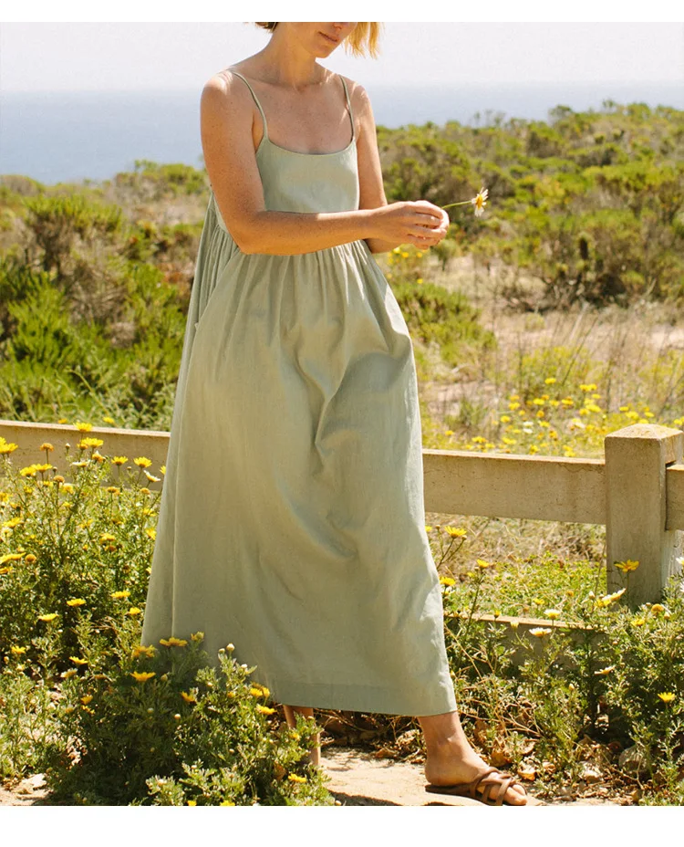 Original 100% Cotton Summer Casual Maxi Dress Loose Waist Sleeveless Square Neck A-Line Boho Dresses with Pockets Female Robe