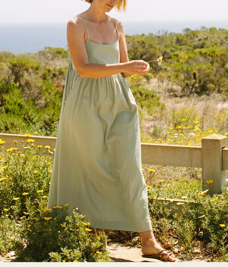 Original 100% Cotton Summer Casual Maxi Dress Loose Waist Sleeveless Square Neck A-Line Boho Dresses with Pockets Female Robe
