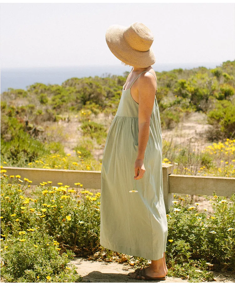 Original 100% Cotton Summer Casual Maxi Dress Loose Waist Sleeveless Square Neck A-Line Boho Dresses with Pockets Female Robe