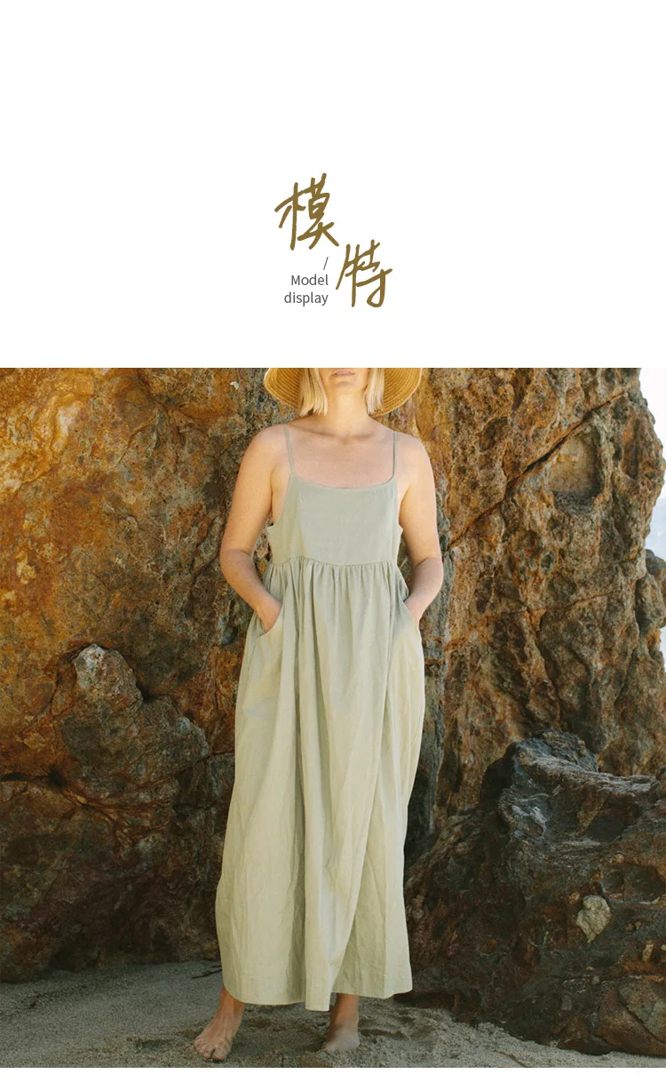 Original 100% Cotton Summer Casual Maxi Dress Loose Waist Sleeveless Square Neck A-Line Boho Dresses with Pockets Female Robe