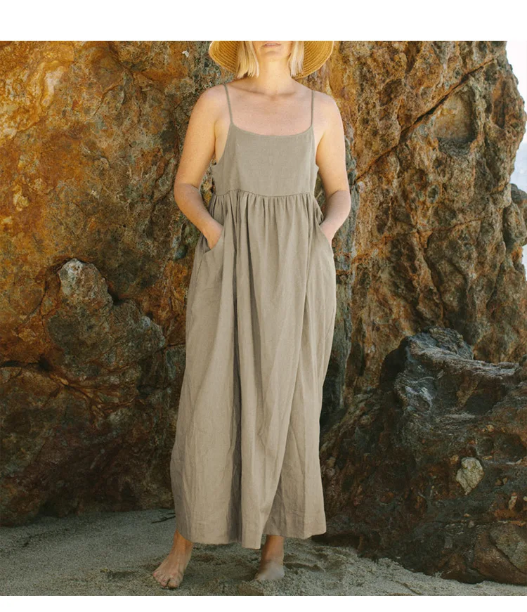 Original 100% Cotton Summer Casual Maxi Dress Loose Waist Sleeveless Square Neck A-Line Boho Dresses with Pockets Female Robe