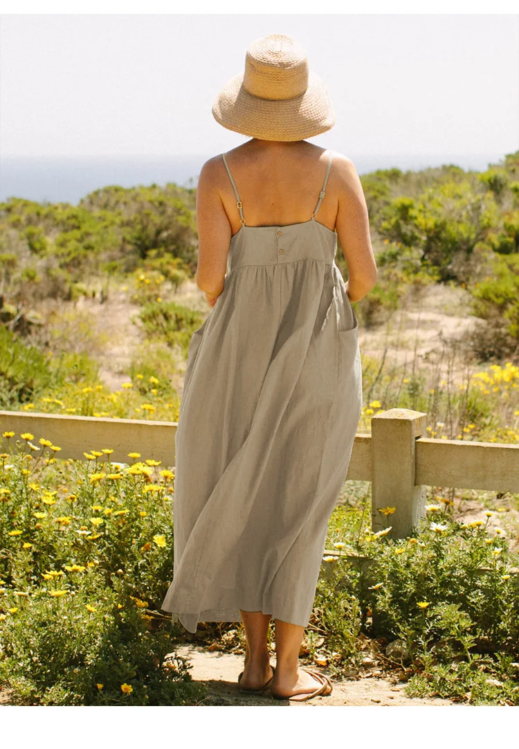 Original 100% Cotton Summer Casual Maxi Dress Loose Waist Sleeveless Square Neck A-Line Boho Dresses with Pockets Female Robe