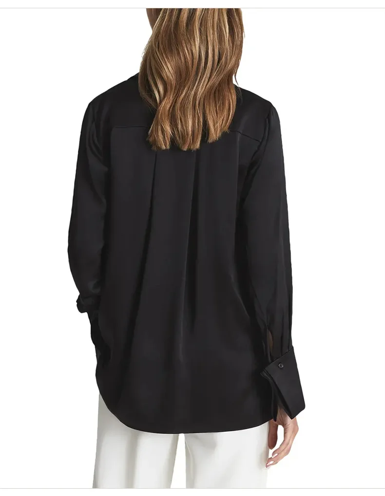 BirdTree, 19MM 100%Real Silk Elegant Shirt, Women Long Sleeve Satin, Commute Fashion Black Blouses, 2024 Summer Autumn T479110QM