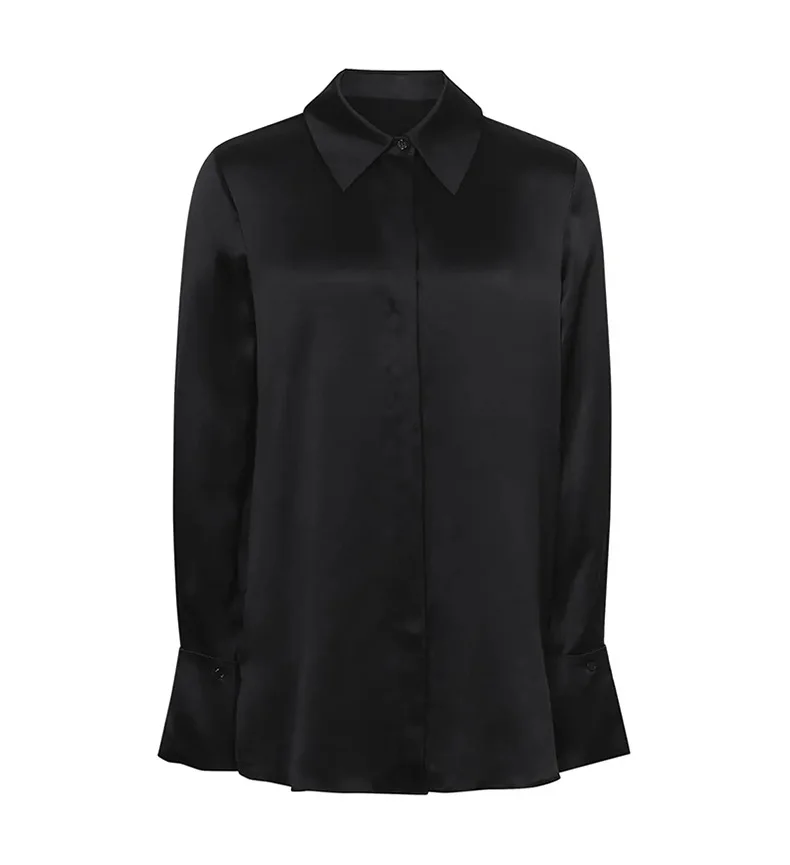 BirdTree, 19MM 100%Real Silk Elegant Shirt, Women Long Sleeve Satin, Commute Fashion Black Blouses, 2024 Summer Autumn T479110QM