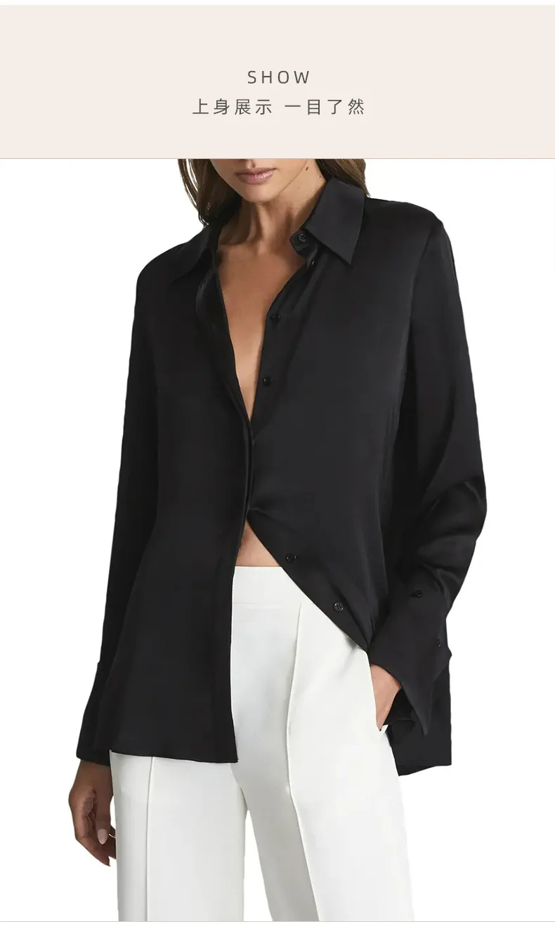 BirdTree, 19MM 100%Real Silk Elegant Shirt, Women Long Sleeve Satin, Commute Fashion Black Blouses, 2024 Summer Autumn T479110QM
