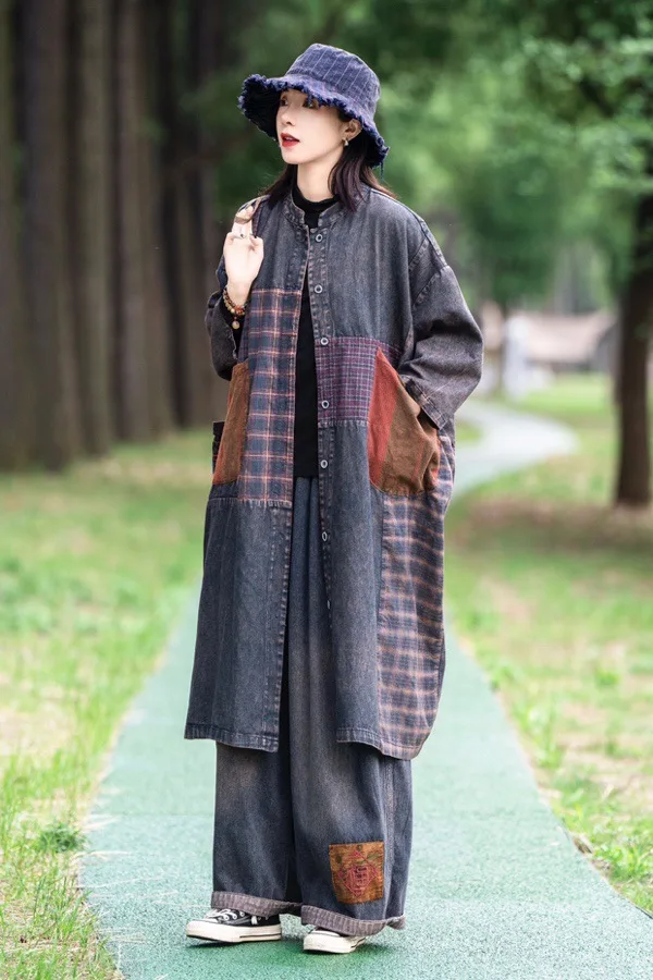 AmaxluluE 2025 Autumn Womens Leisure Loose Plaid Denim Trench British Vintage Classic Windbreakers Fashion Patchwork Long Coats