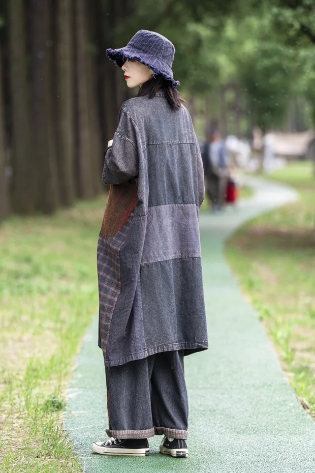 AmaxluluE 2025 Autumn Womens Leisure Loose Plaid Denim Trench British Vintage Classic Windbreakers Fashion Patchwork Long Coats