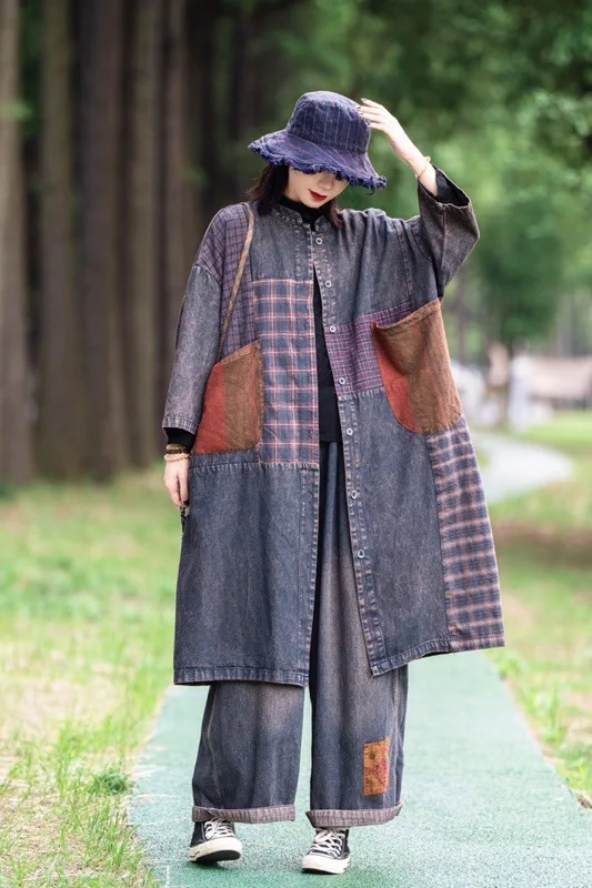 AmaxluluE 2025 Autumn Womens Leisure Loose Plaid Denim Trench British Vintage Classic Windbreakers Fashion Patchwork Long Coats