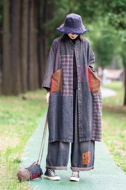 AmaxluluE 2025 Autumn Womens Leisure Loose Plaid Denim Trench British Vintage Classic Windbreakers Fashion Patchwork Long Coats