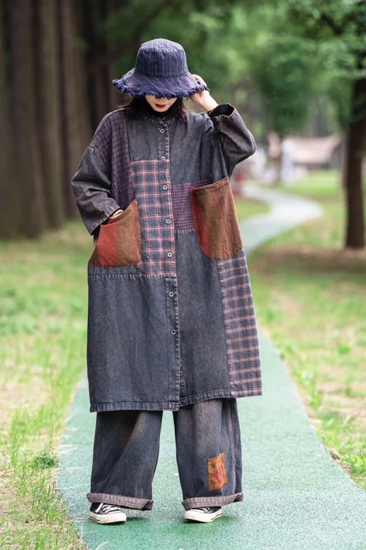 AmaxluluE 2025 Autumn Womens Leisure Loose Plaid Denim Trench British Vintage Classic Windbreakers Fashion Patchwork Long Coats
