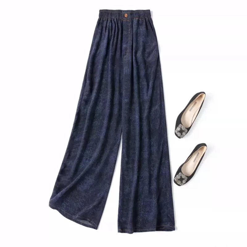 Birdtree, 100%Real Silk Wide Leg Jeans, Women High Waisted Solid, Loose Casual Commute Versatile Trousers, 2026 Summer B461105QC