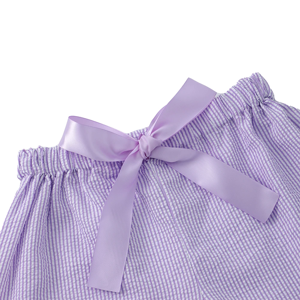 Seersucker Shorts For Women Striped Pink Shorts Ribbon Drawstring Shorts With Ruffle Trim Summer Clothes Short Pants Girl