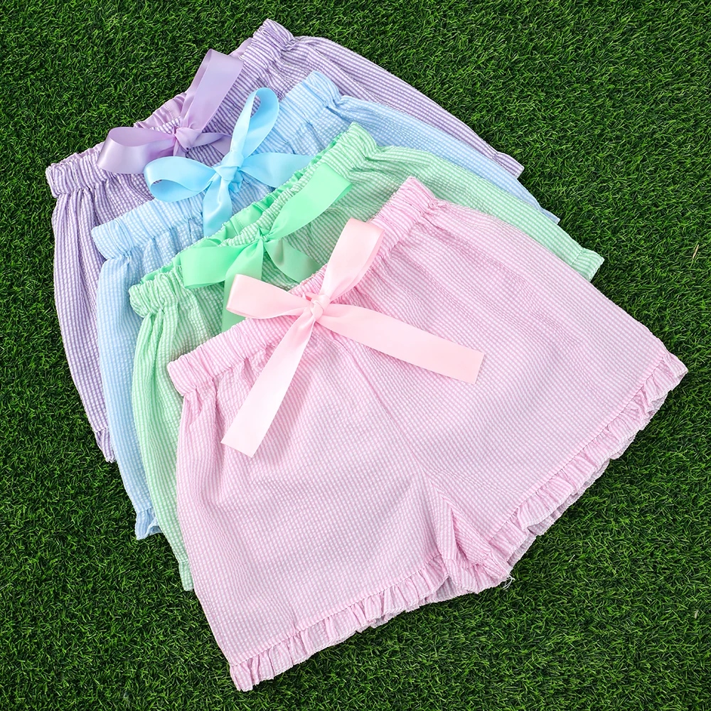 Seersucker Shorts For Women Striped Pink Shorts Ribbon Drawstring Shorts With Ruffle Trim Summer Clothes Short Pants Girl