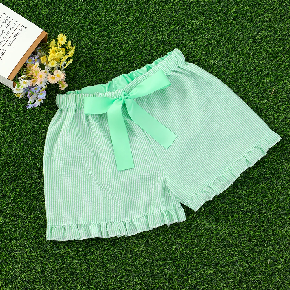 Seersucker Shorts For Women Striped Pink Shorts Ribbon Drawstring Shorts With Ruffle Trim Summer Clothes Short Pants Girl