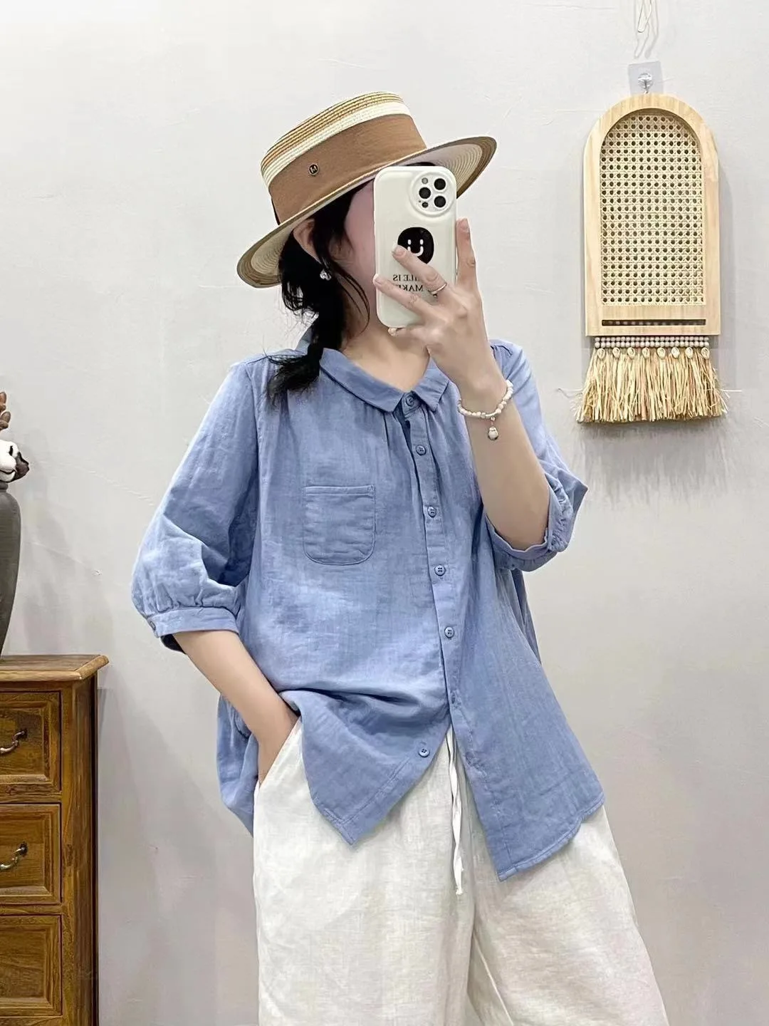 New Summer Cotton Yarn Shirt Women Lapel 3/4 Sleeve Literature Tops Girl Loose Pocket OL Casual Blouses 2024 Autumn T45854QC