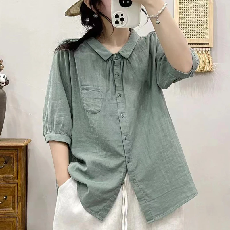 New Summer Cotton Yarn Shirt Women Lapel 3/4 Sleeve Literature Tops Girl Loose Pocket OL Casual Blouses 2024 Autumn T45854QC