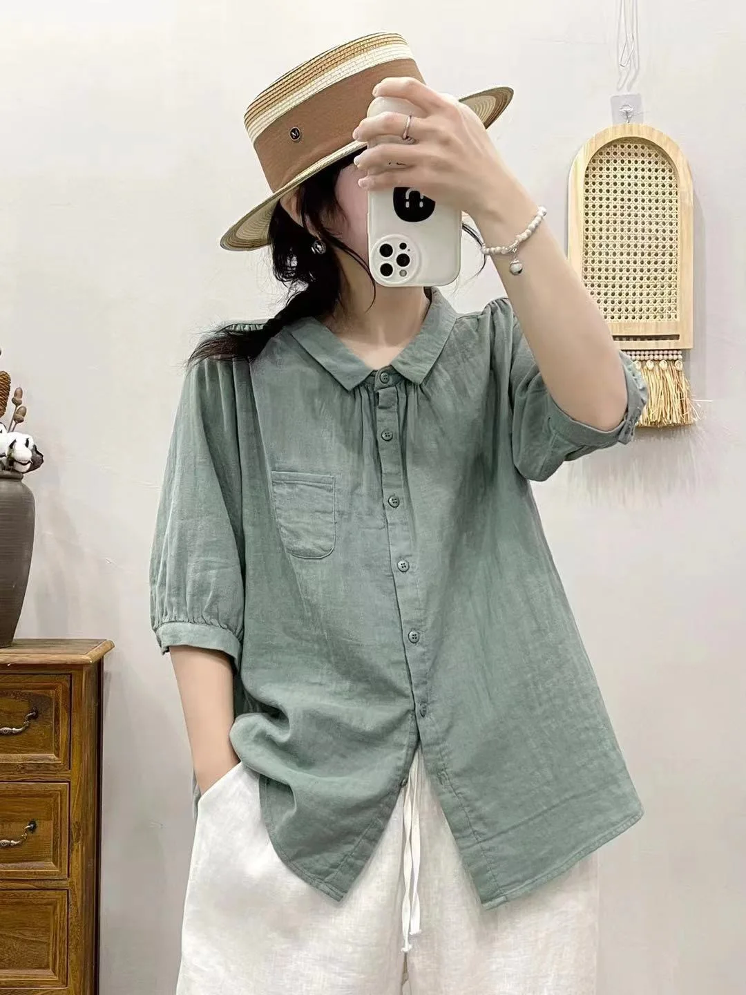 New Summer Cotton Yarn Shirt Women Lapel 3/4 Sleeve Literature Tops Girl Loose Pocket OL Casual Blouses 2024 Autumn T45854QC