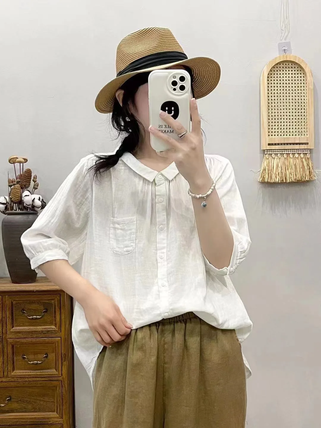 New Summer Cotton Yarn Shirt Women Lapel 3/4 Sleeve Literature Tops Girl Loose Pocket OL Casual Blouses 2024 Autumn T45854QC