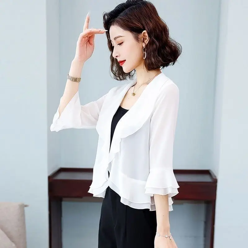 Ruffle Edge Chiffon Shawl Short Jacket For Women's 2024 NEW Spring Summer Sun Protection uterwear Thin Versatile Coat Top