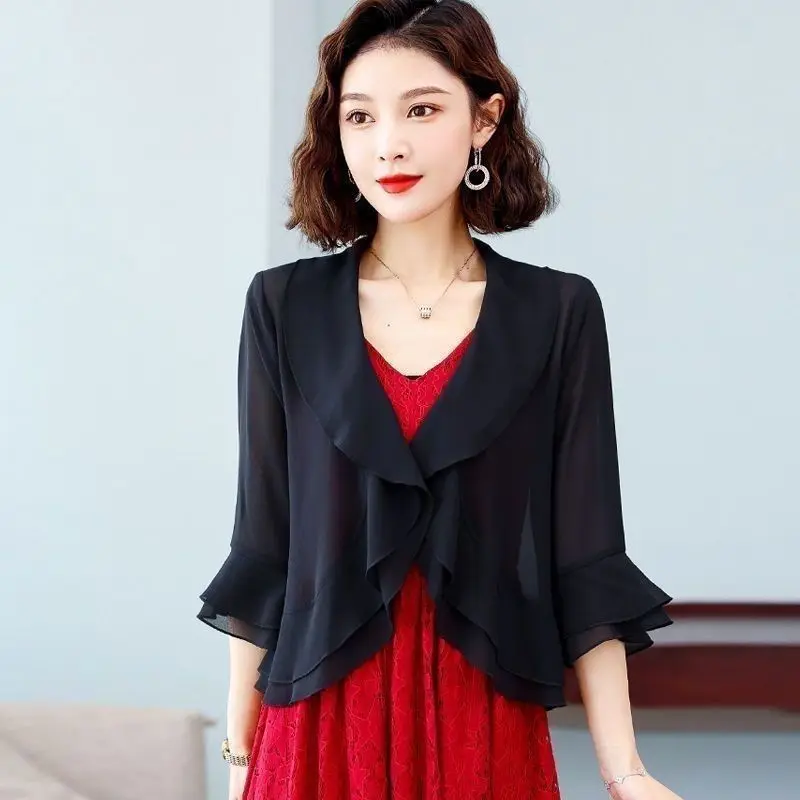 Ruffle Edge Chiffon Shawl Short Jacket For Women's 2024 NEW Spring Summer Sun Protection uterwear Thin Versatile Coat Top